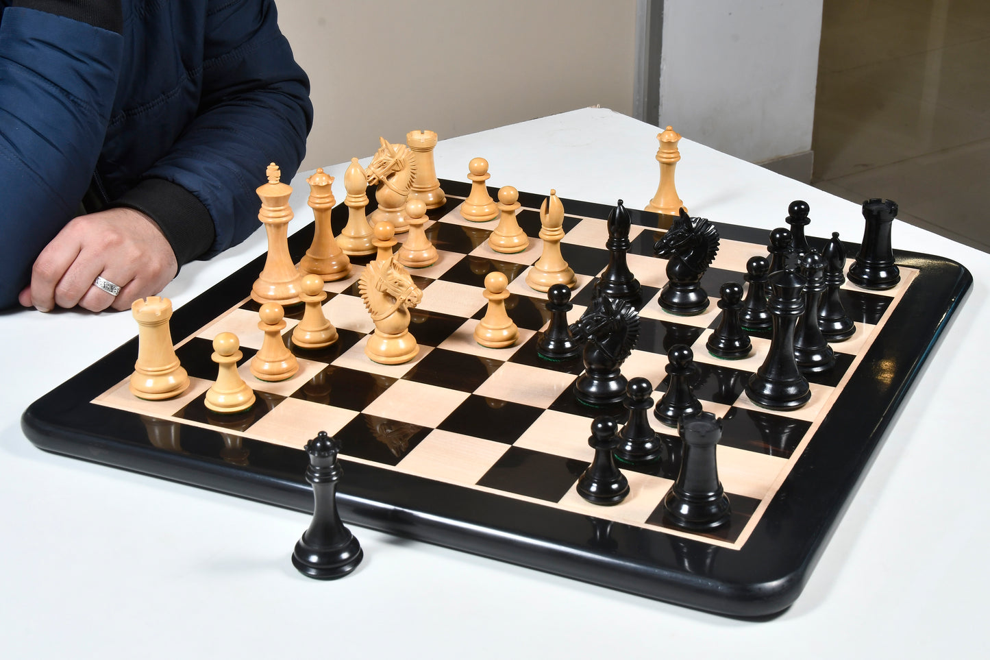 The American Bridle Triple-Weighted Chess Pieces with Extra Queen - Handcrafted in Ebony & Boxwood 4.2" King