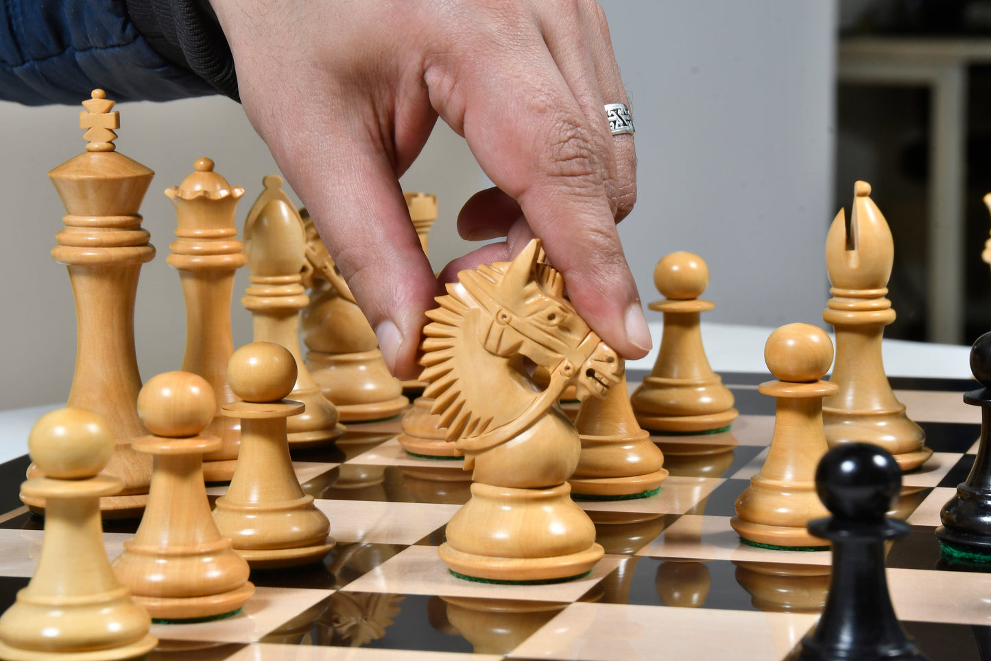 The American Bridle Triple-Weighted Chess Pieces with Extra Queen - Handcrafted in Ebony & Boxwood 4.2" King