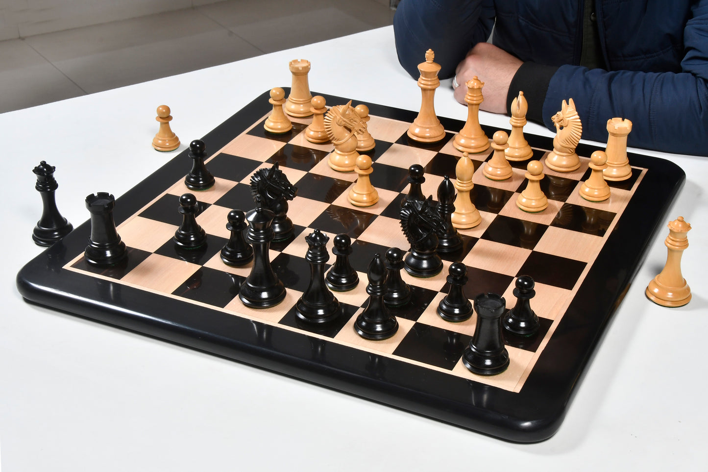 The American Bridle Triple-Weighted Chess Pieces with Extra Queen - Handcrafted in Ebony & Boxwood 4.2" King