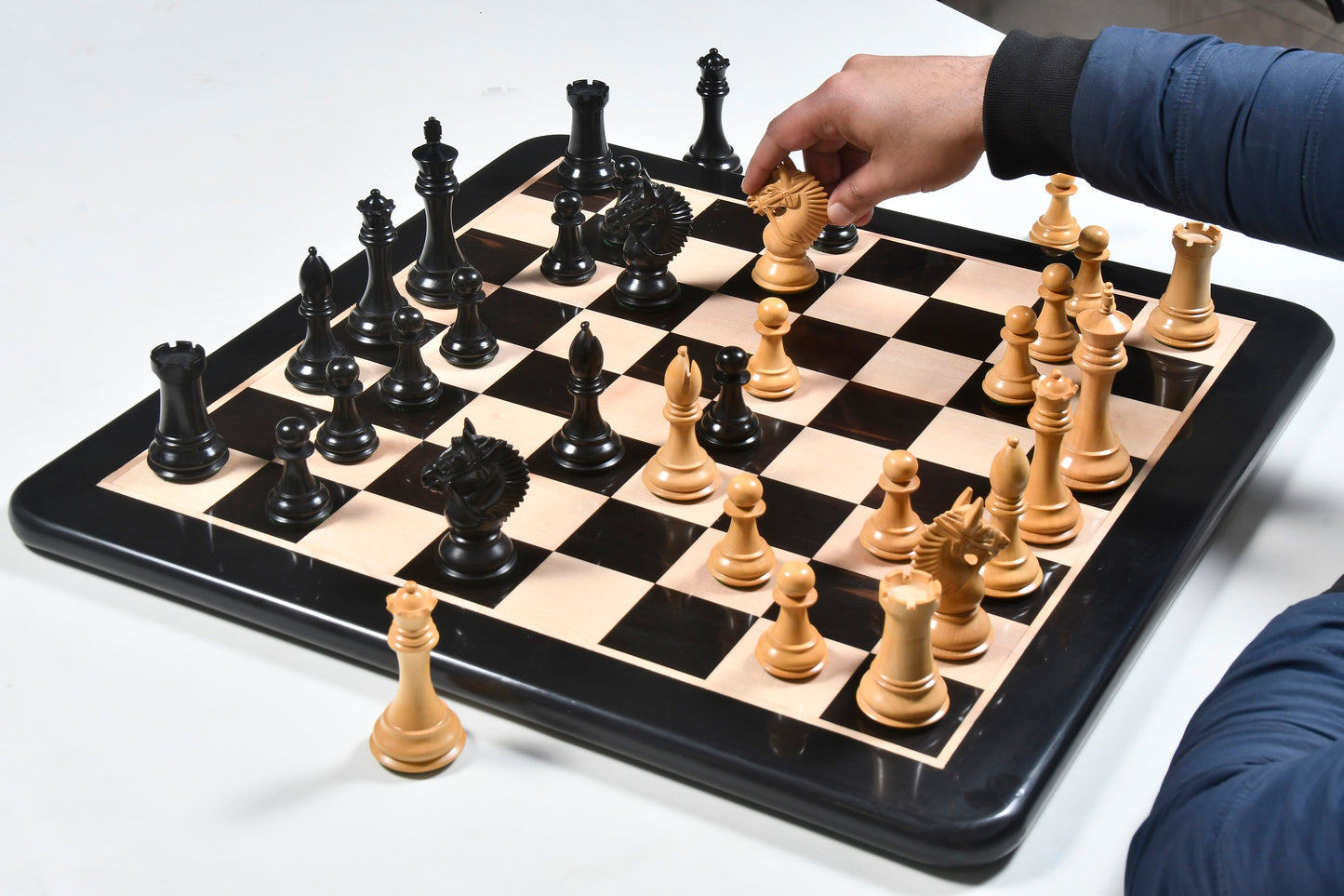 The American Bridle Triple-Weighted Chess Pieces with Extra Queen - Handcrafted in Ebony & Boxwood 4.2" King