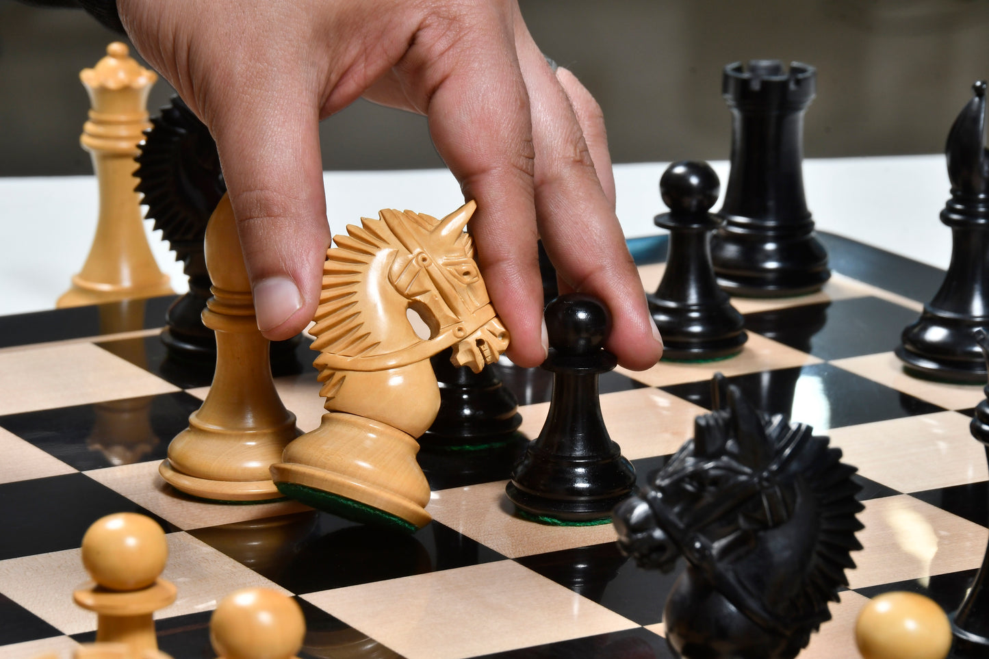The American Bridle Triple-Weighted Chess Pieces with Extra Queen - Handcrafted in Ebony & Boxwood 4.2" King