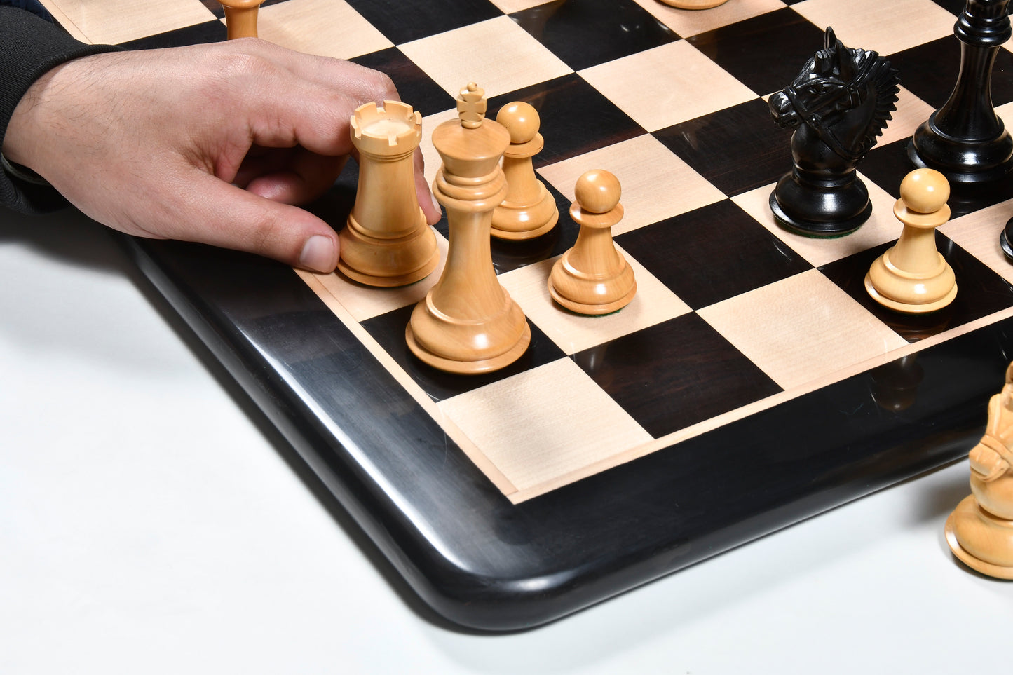 The American Bridle Triple-Weighted Chess Pieces with Extra Queen - Handcrafted in Ebony & Boxwood 4.2" King