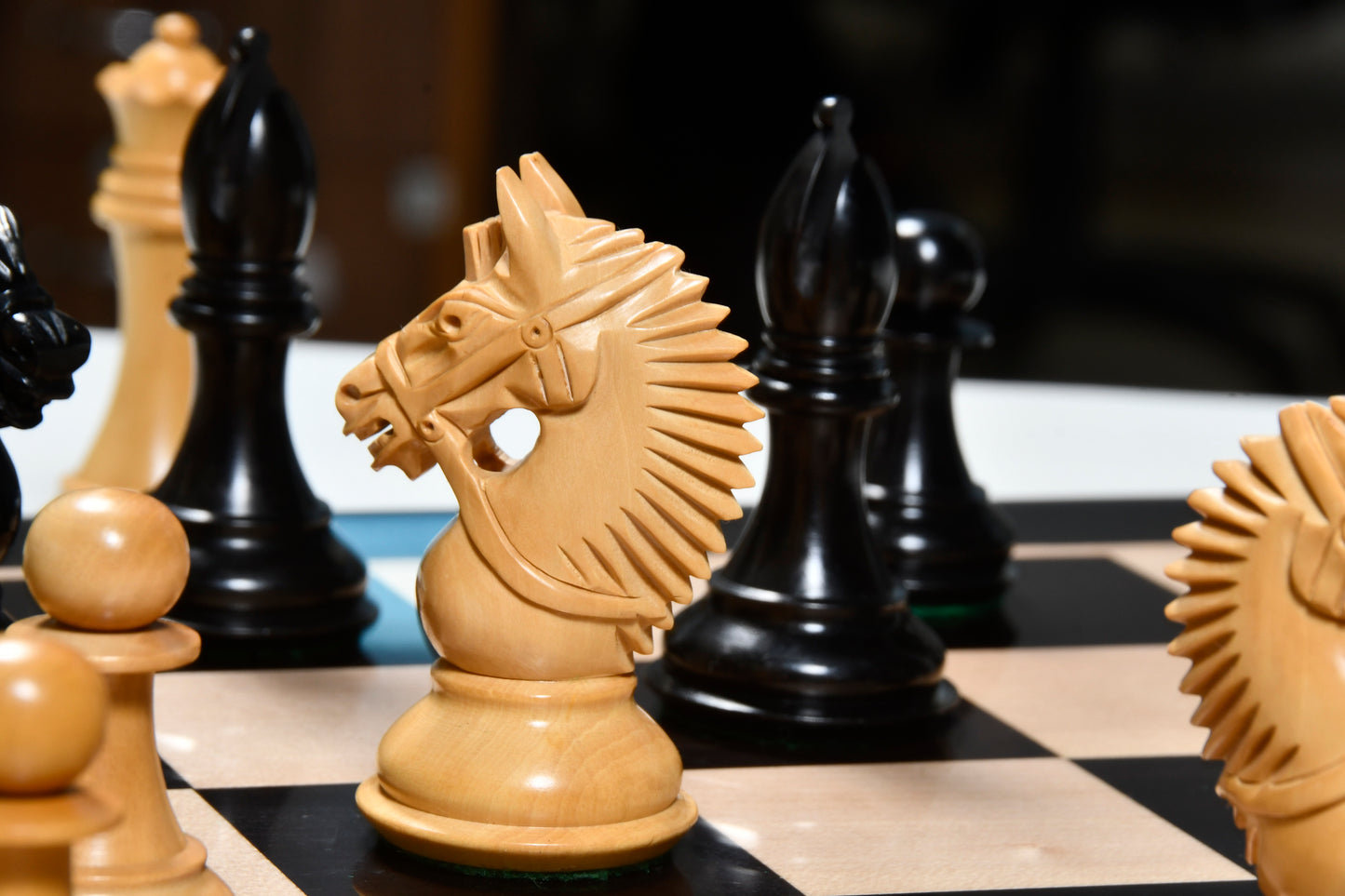 The American Bridle Triple-Weighted Chess Pieces with Extra Queen - Handcrafted in Ebony & Boxwood 4.2" King