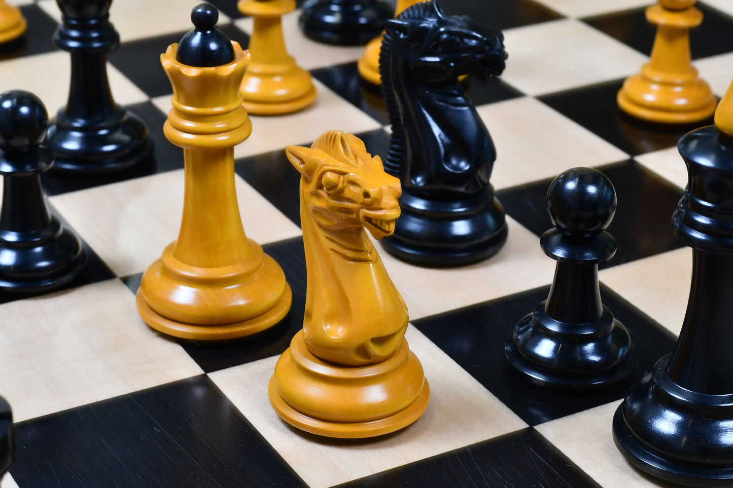Reproduced 1940 Soviet Club Chess Pieces in Ebony / Antiqued Box wood - 4" King