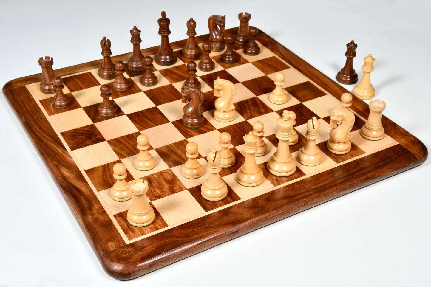 The Leningrad Club-Sized Wooden Chess Pieces in Sheesham Wood (Golden Rosewood) & Boxwood- 4.0" King
