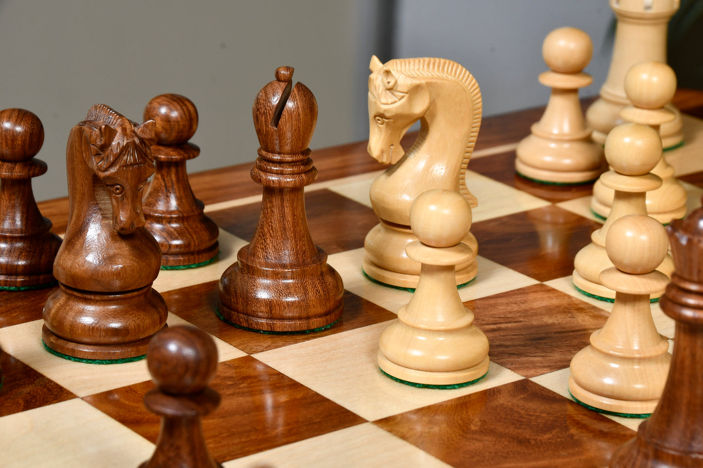 The Leningrad Club-Sized Wooden Chess Pieces in Sheesham Wood (Golden Rosewood) & Boxwood- 4.0" King