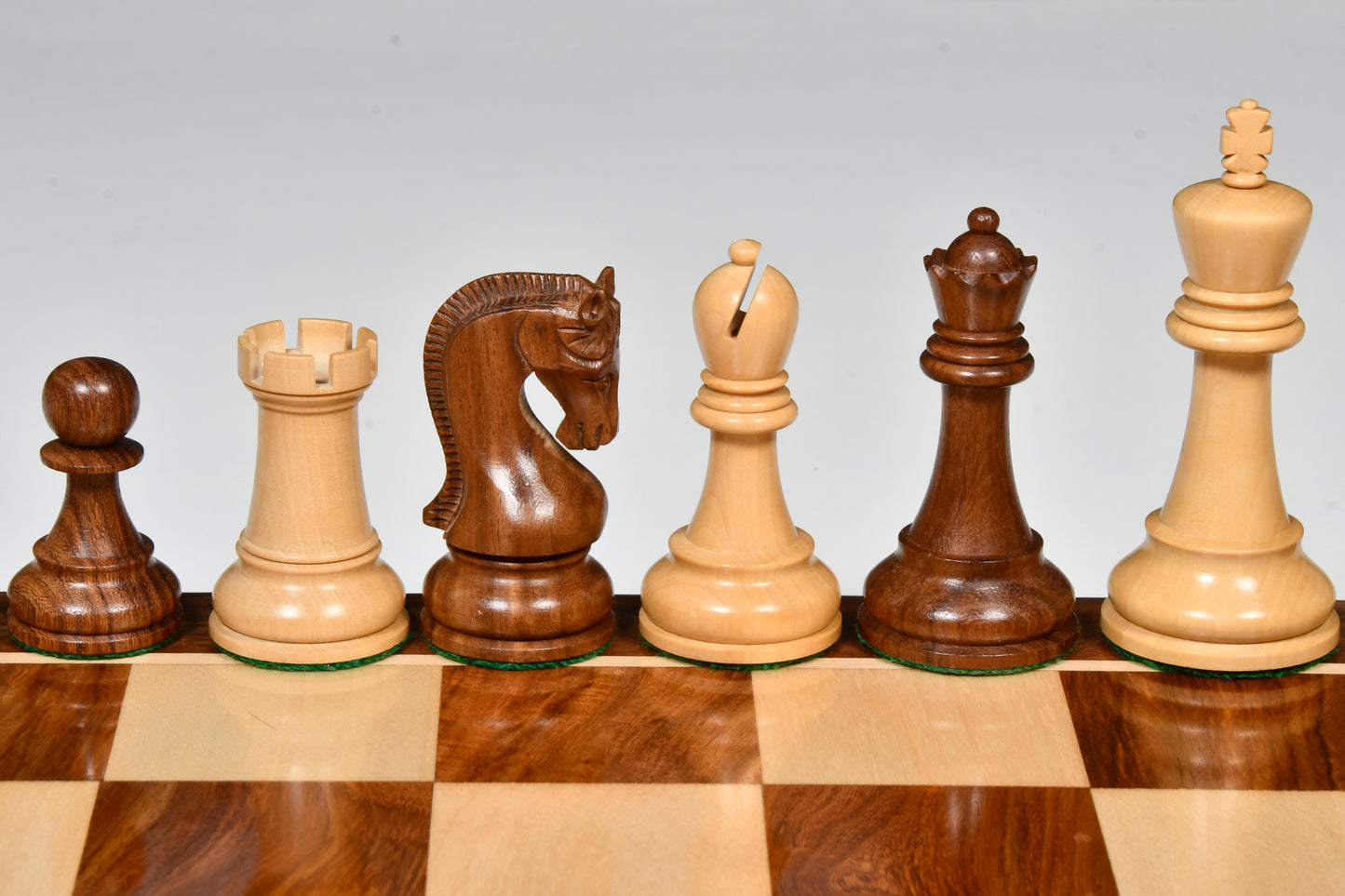 The Leningrad Club-Sized Wooden Chess Pieces in Sheesham Wood (Golden Rosewood) & Boxwood- 4.0" King