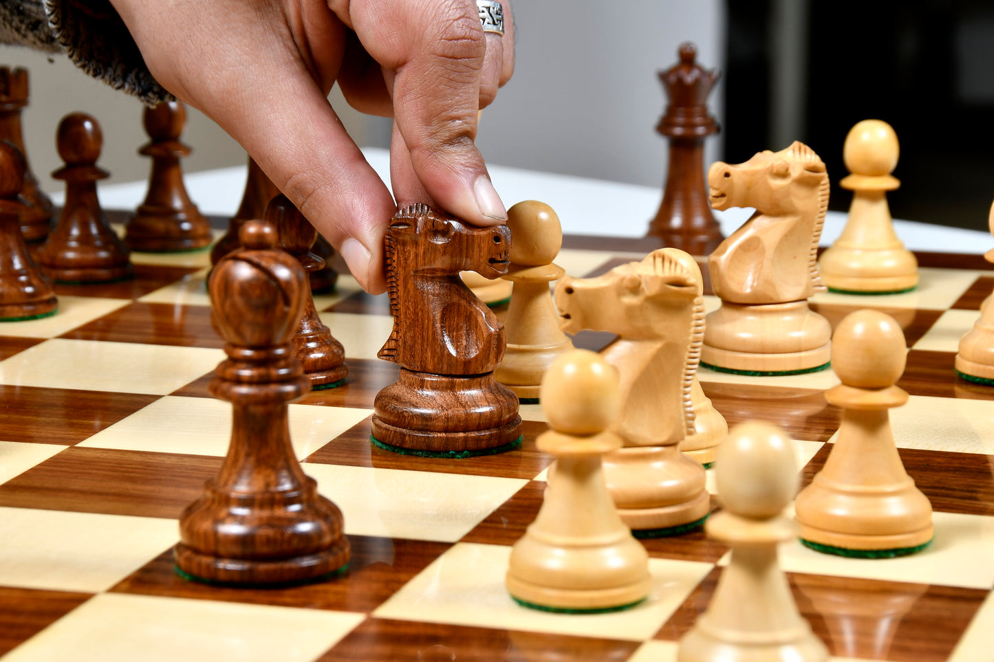 Combo of 1972 Reproduced Fischer-Spassky Staunton Pattern Chess Set V2.0 & Wooden Chess Board in Sheesham Wood & Boxwood - 3.75" King