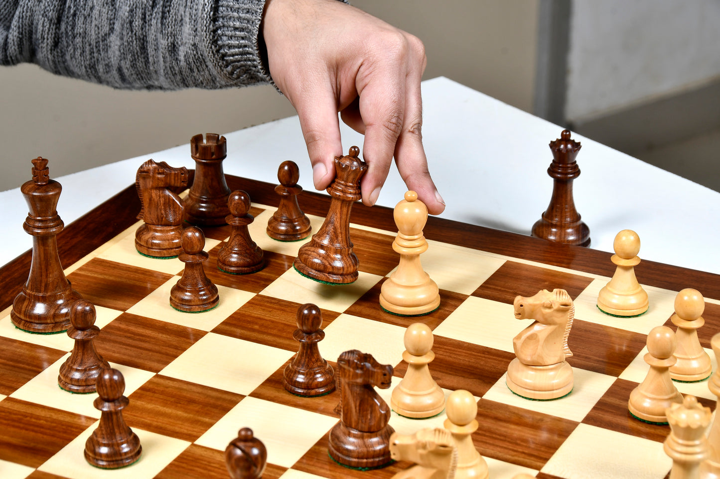 Combo of 1972 Reproduced Fischer-Spassky Staunton Pattern Chess Set V2.0 & Wooden Chess Board in Sheesham Wood & Boxwood - 3.75" King