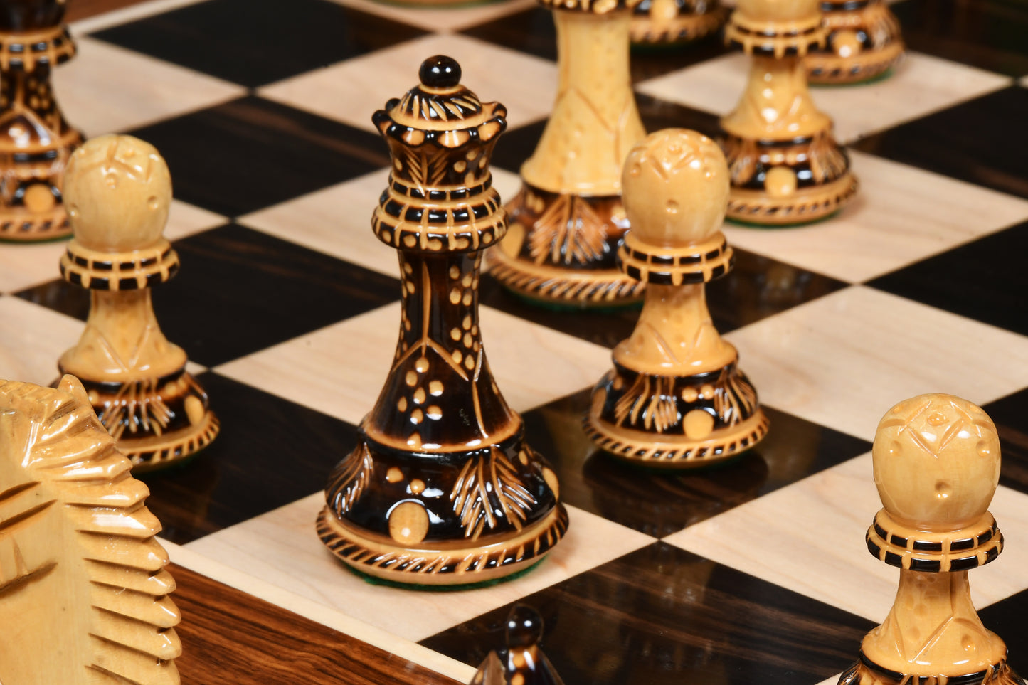 The Bridle Knight Series Wooden Chess Pieces in Burnt Boxwood - 4.0" King