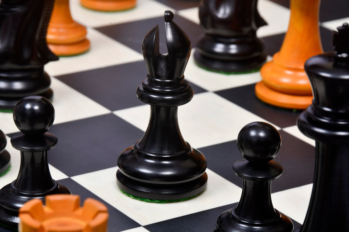 Reproduced 1850 Morphy Chess Pieces Only V2.0 in Ebony / Antiqued Box wood with King Side Stamping - 4.4" King
