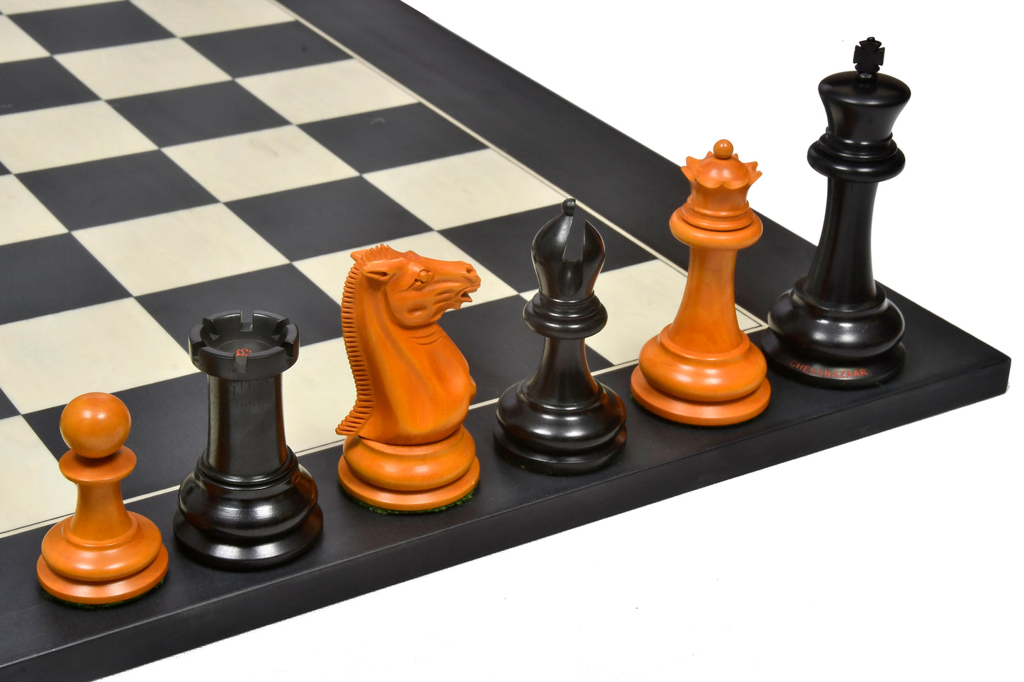 Reproduced 1850 Morphy Chess Pieces Only V2.0 in Ebony / Antiqued Box wood with King Side Stamping - 4.4" King