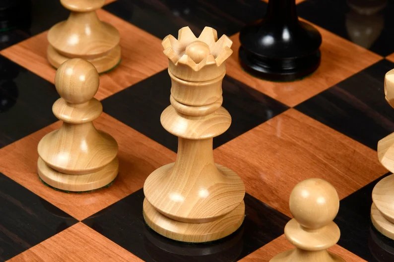 Reproduced Romanian-Hungarian National Tournament Chess Pieces in Ebonized & Natural Boxwood - 3.8" King