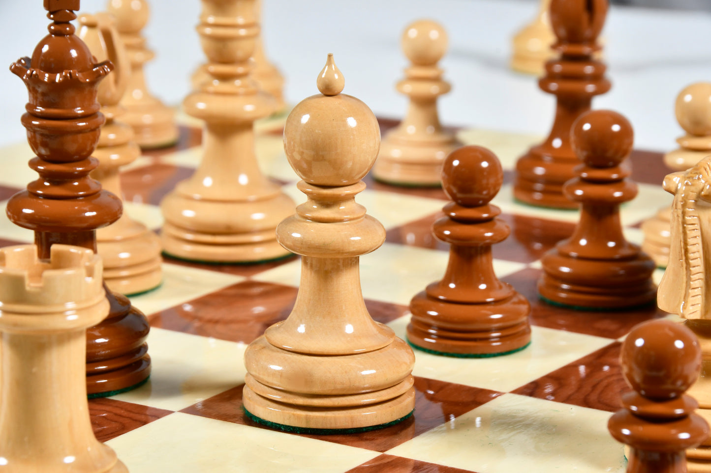 Exclusive Repro William Hallett High Class Chess Pieces in Golden Dyed & Boxwood Wood - 4.0"