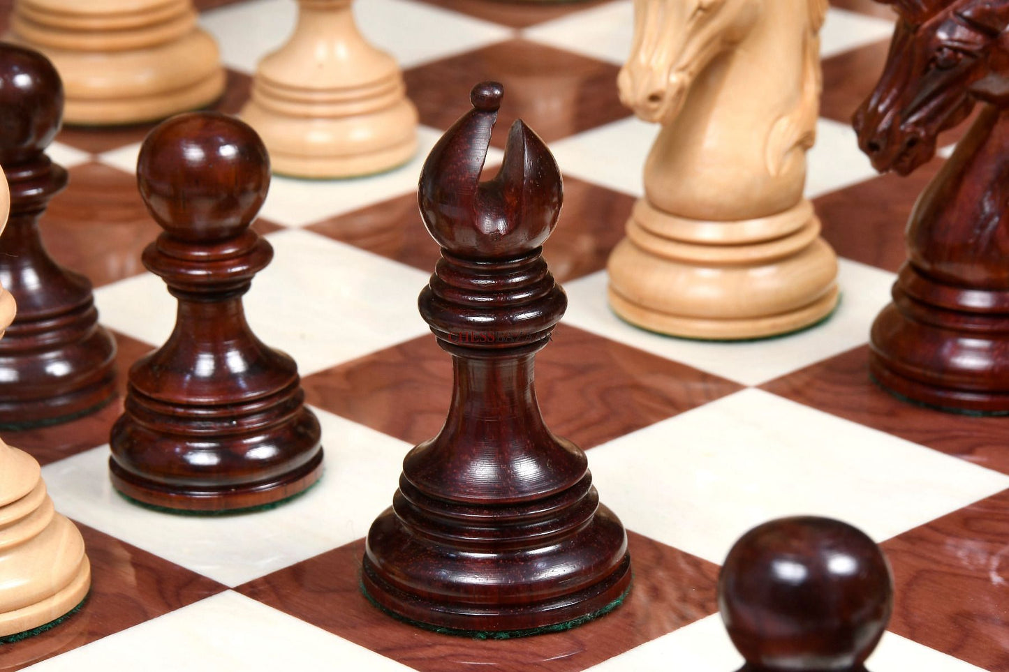 New Indian-American Luxury Series Triple Weighted Chess Pieces in Bud Rosewood(Padauk) / Box Wood Ver 2.0 - 4.4" King