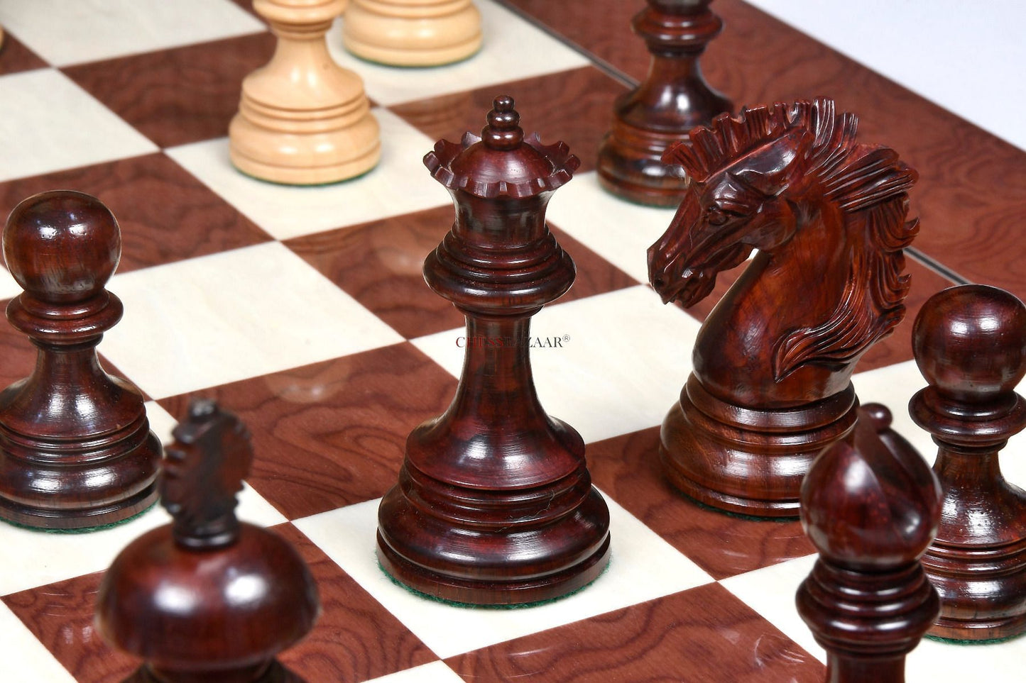 New Indian-American Luxury Series Triple Weighted Chess Pieces in Bud Rosewood(Padauk) / Box Wood Ver 2.0 - 4.4" King