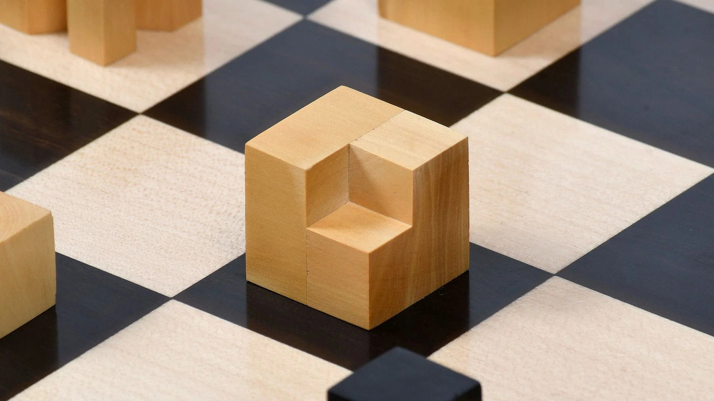 Reproduced 1924 Bauhaus Geometrical Abstract Chessmen in Ebonized Boxwood & Natural Boxwood - 1.9" King