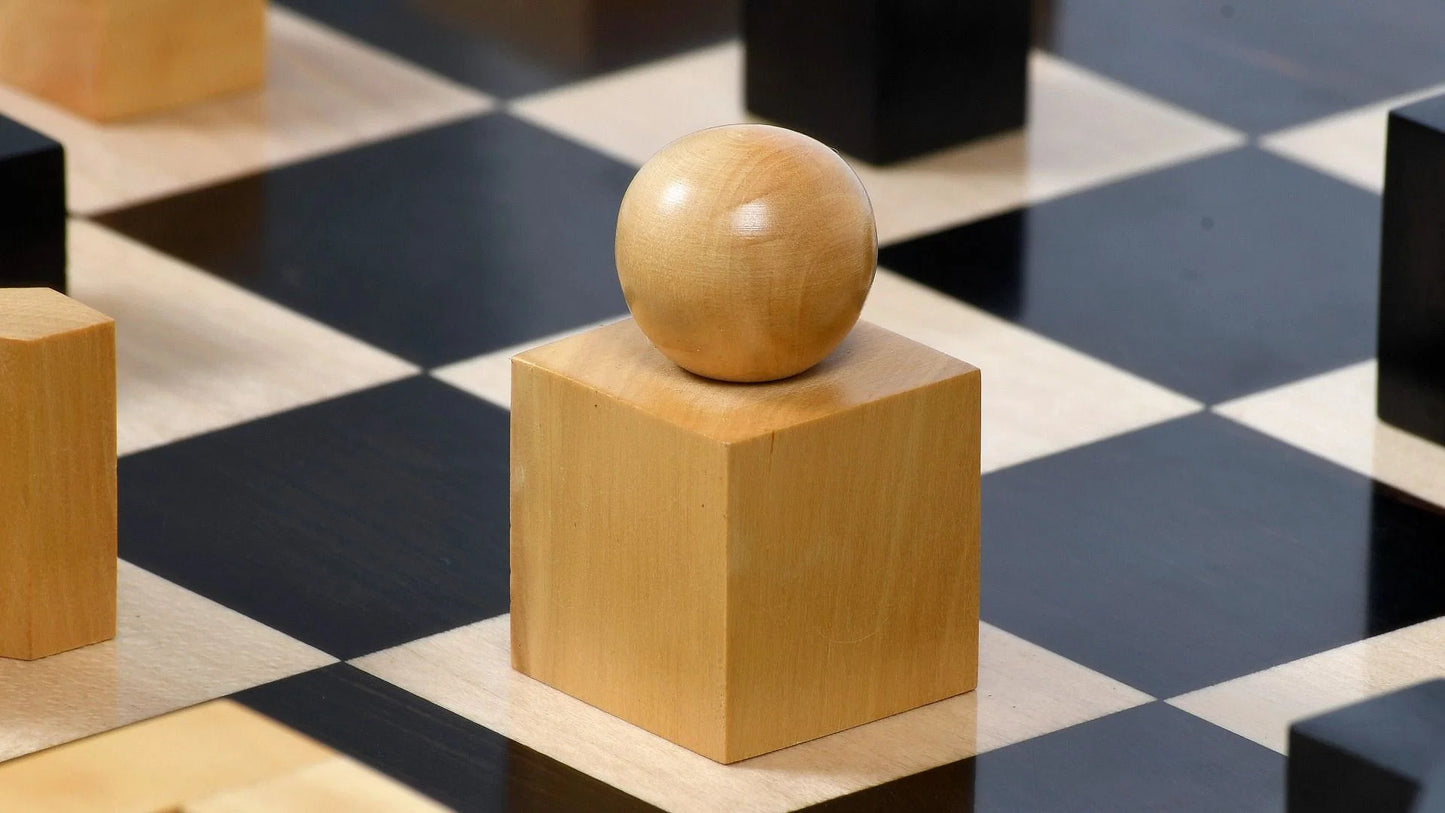 Reproduced 1924 Bauhaus Geometrical Abstract Chessmen in Ebonized Boxwood & Natural Boxwood - 1.9" King