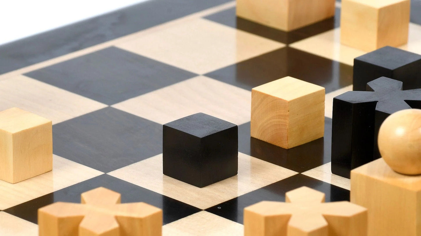 Reproduced 1924 Bauhaus Geometrical Abstract Chessmen in Ebonized Boxwood & Natural Boxwood - 1.9" King