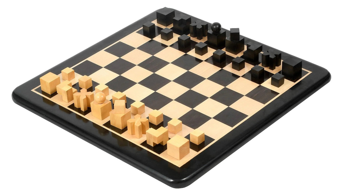 Reproduced 1924 Bauhaus Geometrical Abstract Chessmen in Ebonized Boxwood & Natural Boxwood - 1.9" King