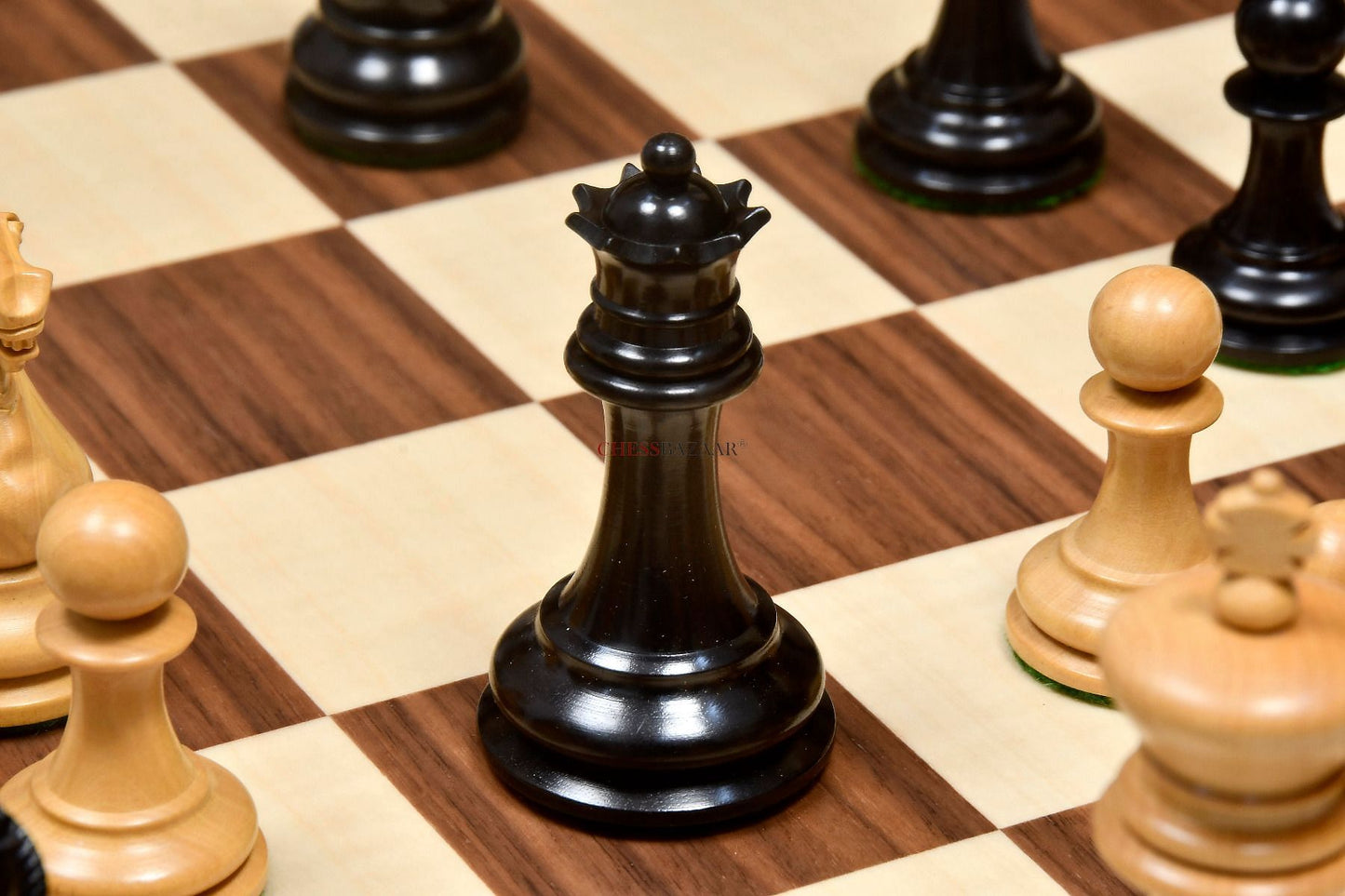 Reproduced 1880s-90s Circa Lasker Staunton Pattern Antique Chess Pieces in Ebony / Boxwood with King Side Stamping - 3.75" King