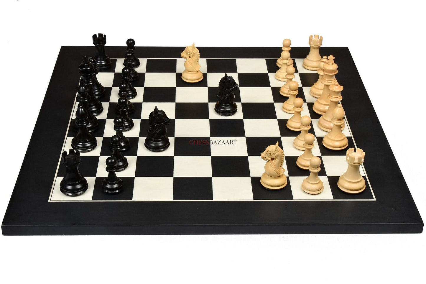 Reproduced Antique Dublin Pattern Calvert Chess Pieces in Ebonized & Natural Boxwood With Board & Storage Box- 4.1" King