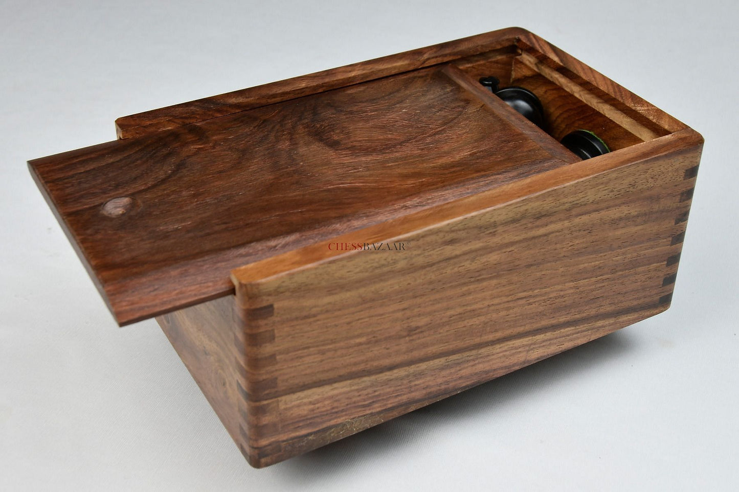 Reproduced Antique Dublin Pattern Calvert Chess Pieces in Ebonized & Natural Boxwood With Board & Storage Box- 4.1" King