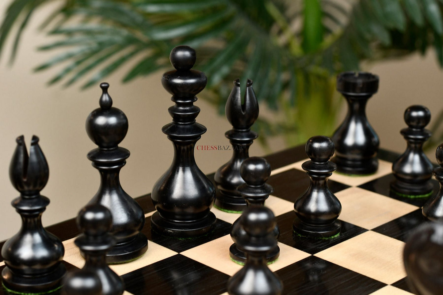 Reproduced Antique Dublin Pattern Calvert Chess Pieces in Ebonized & Natural Boxwood With Board & Storage Box- 4.1" King