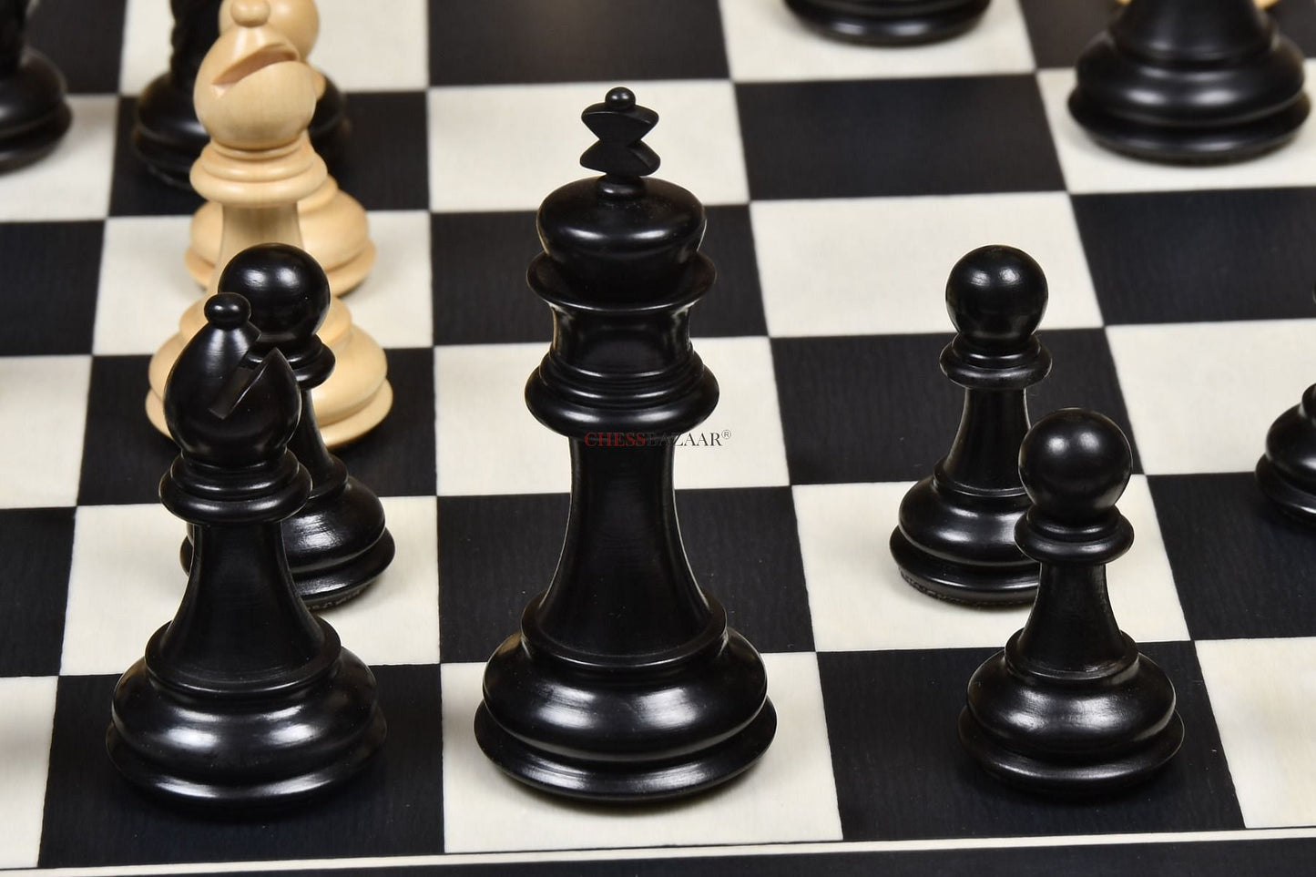 Reproduced Antique Dublin Pattern Calvert Chess Pieces in Ebonized & Natural Boxwood With Board & Storage Box- 4.1" King