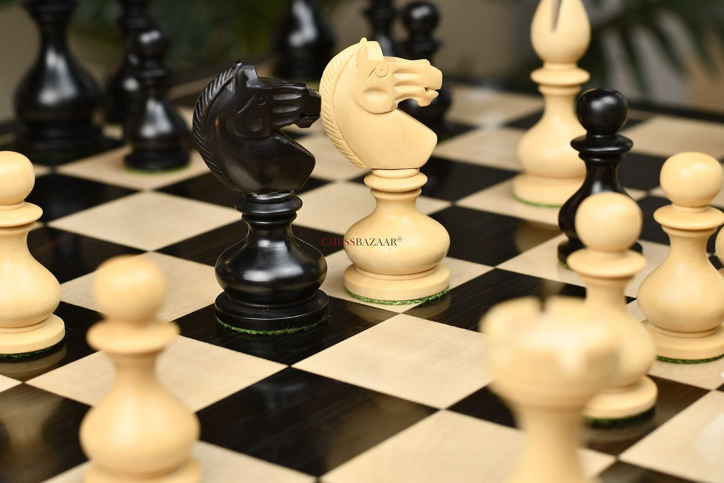Reproduced Antique Dublin Pattern Calvert Chess Pieces in Ebonized & Natural Boxwood With Board & Storage Box- 4.1" King