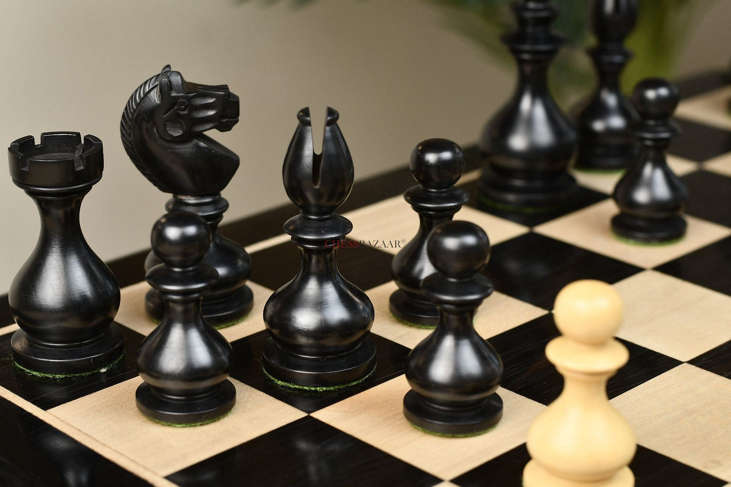 Reproduced Antique Dublin Pattern Calvert Chess Pieces in Ebonized & Natural Boxwood With Board & Storage Box- 4.1" King