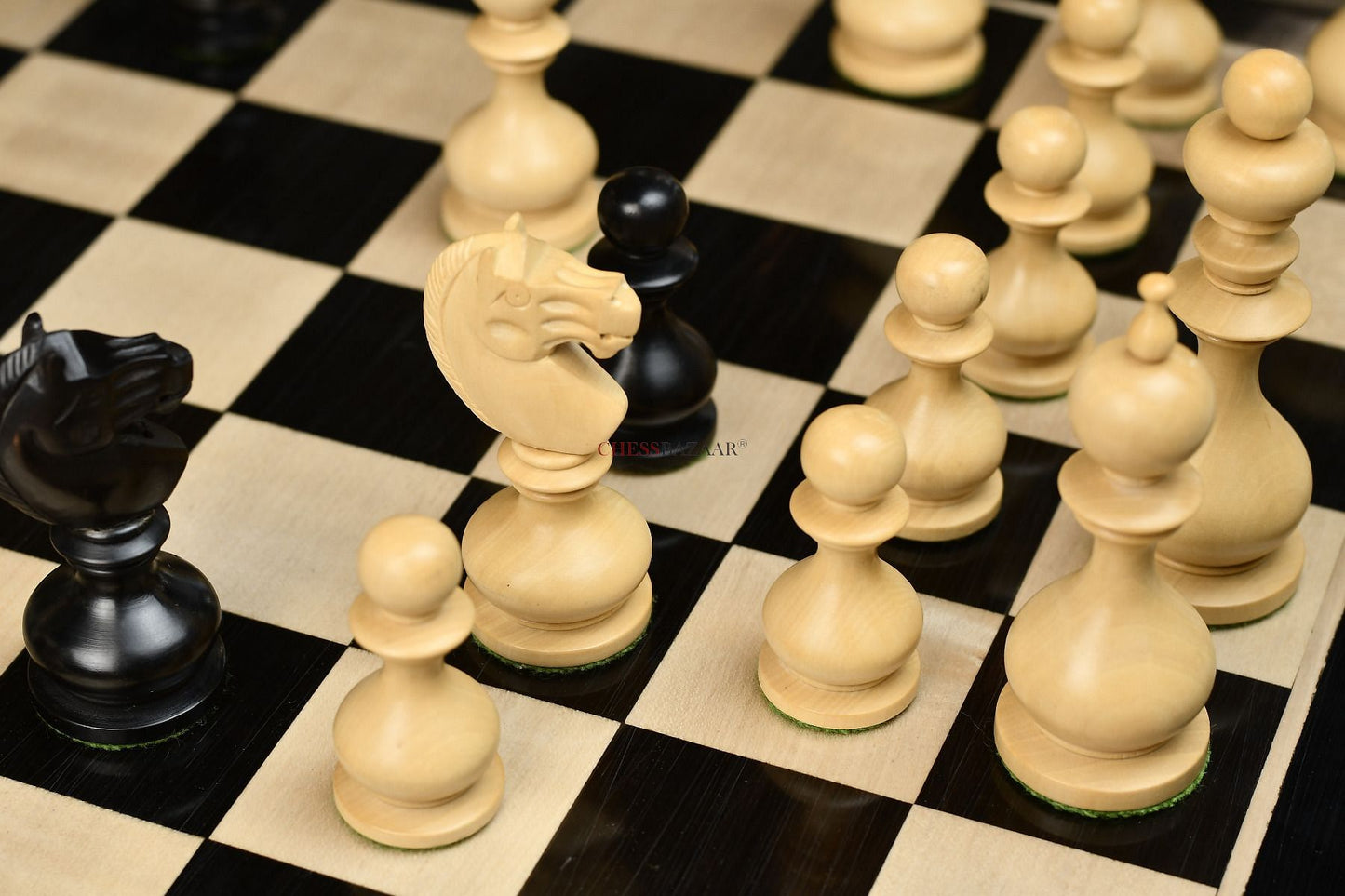 Reproduced Antique Dublin Pattern Calvert Chess Pieces in Ebonized & Natural Boxwood With Board & Storage Box- 4.1" King