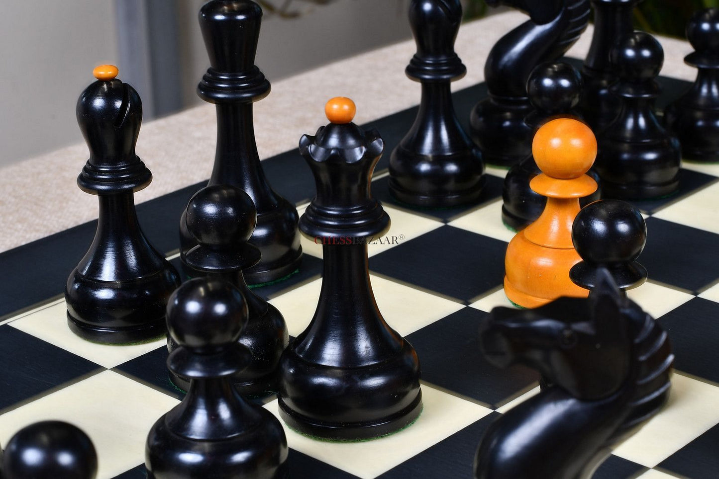 The 1961 Soviet Championship Weighted Wooden Chess Pieces in Ebonized Wood & Antique Box Wood - 4” King