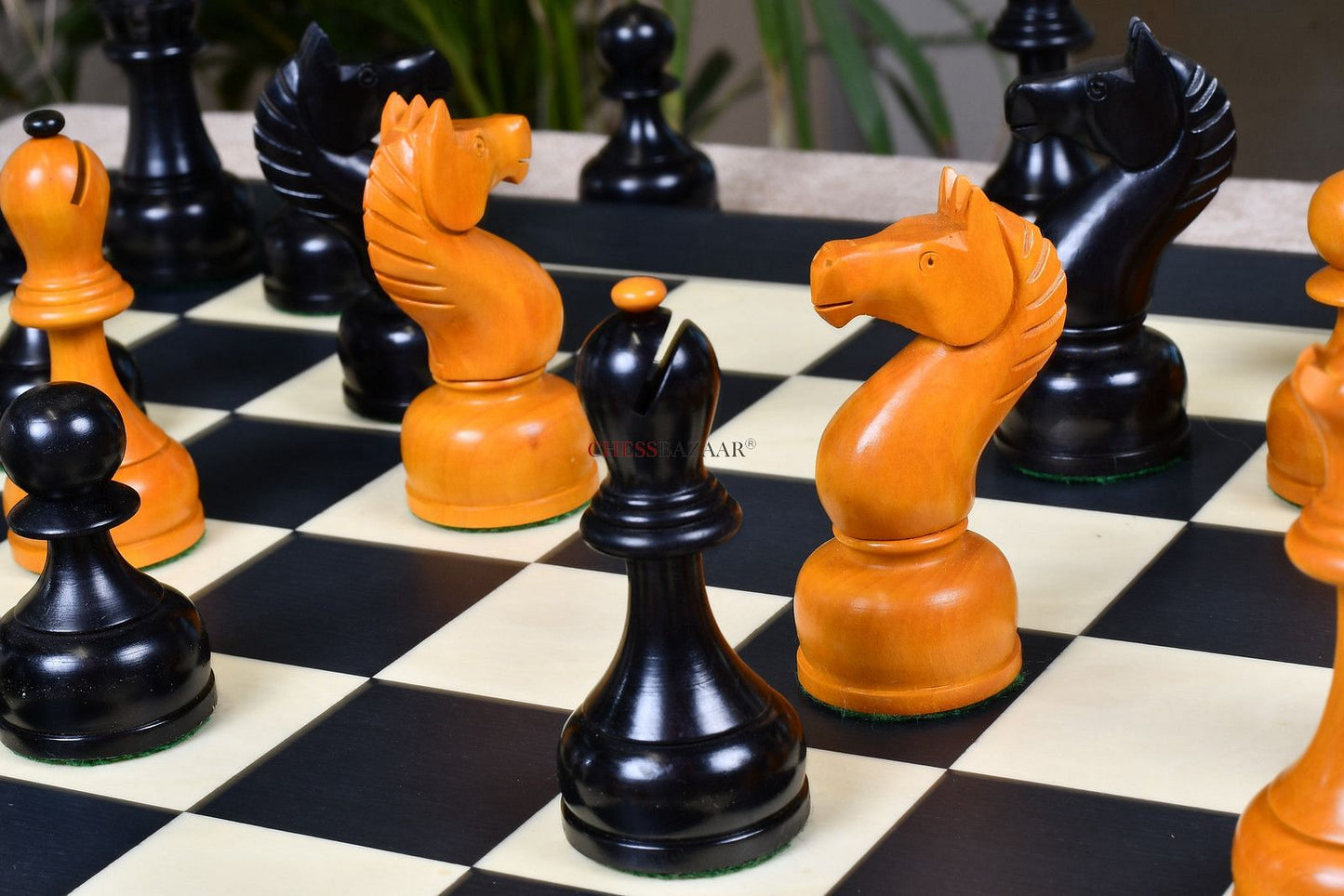 The 1961 Soviet Championship Weighted Wooden Chess Pieces in Ebonized Wood & Antique Box Wood - 4” King