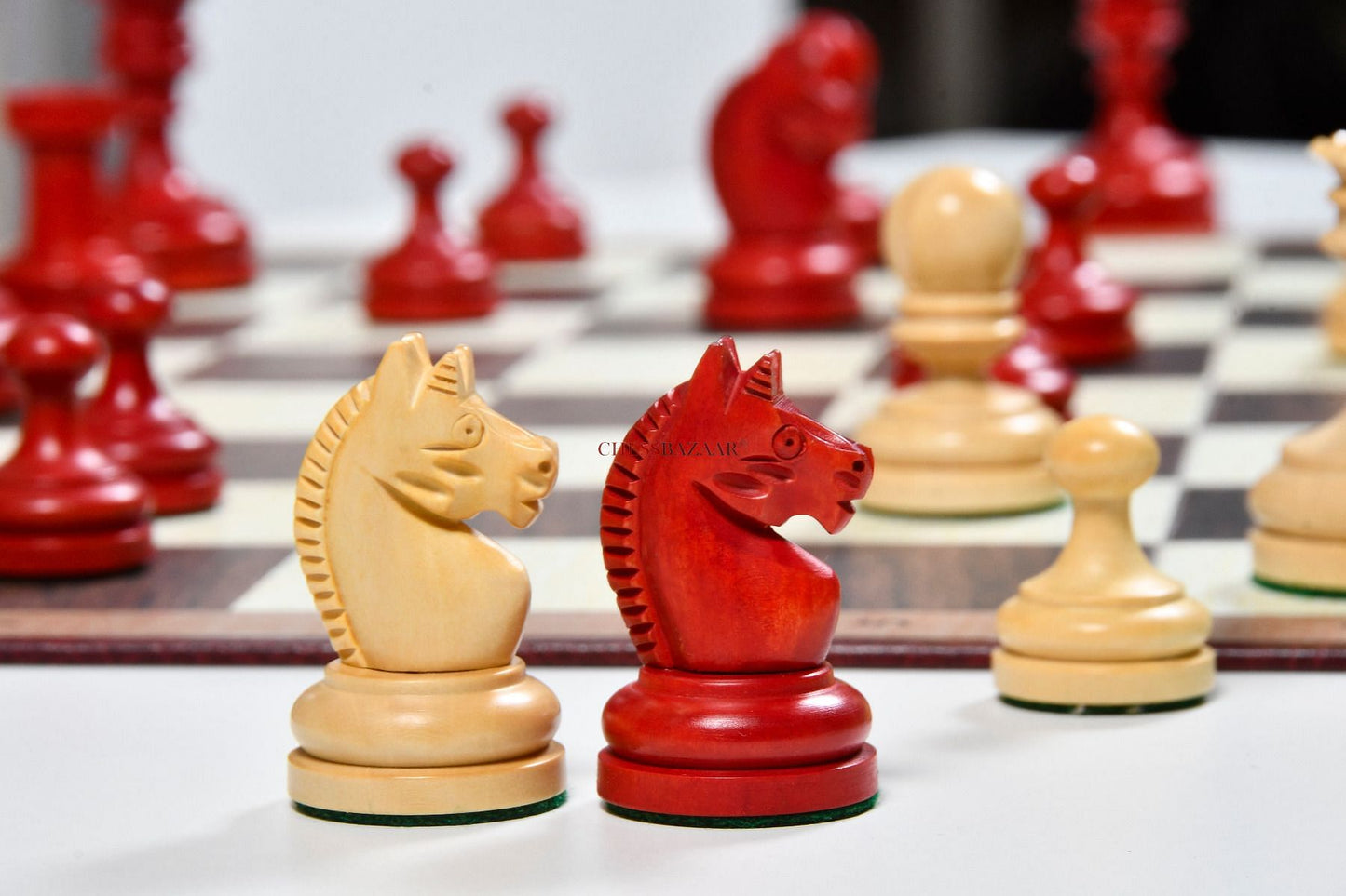 Reproduced Vintage 1930 Knubbel Analysis Chess Pieces in Stained Crimson and Boxwood with Folding Chessboard- 3" King