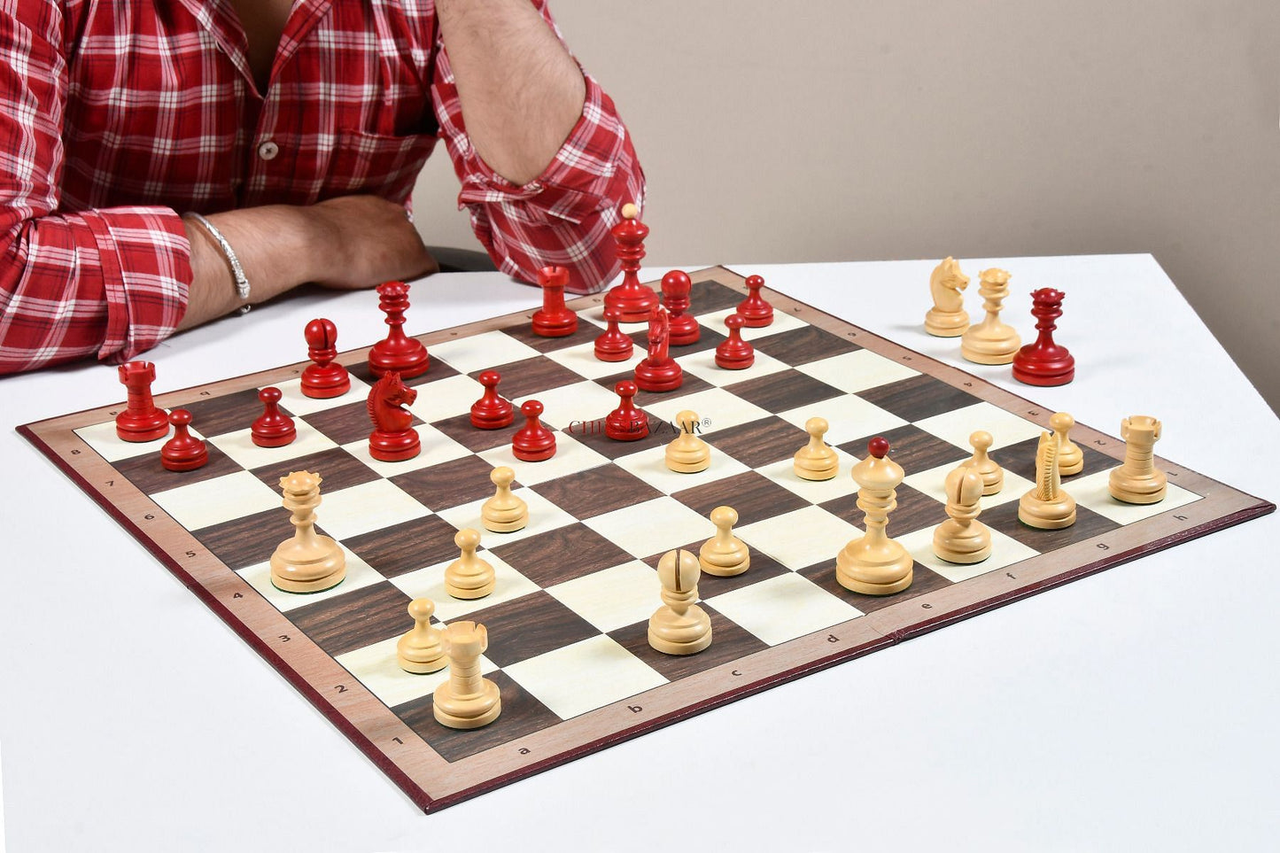 Reproduced Vintage 1930 Knubbel Analysis Chess Pieces in Stained Crimson and Boxwood with Folding Chessboard- 3" King