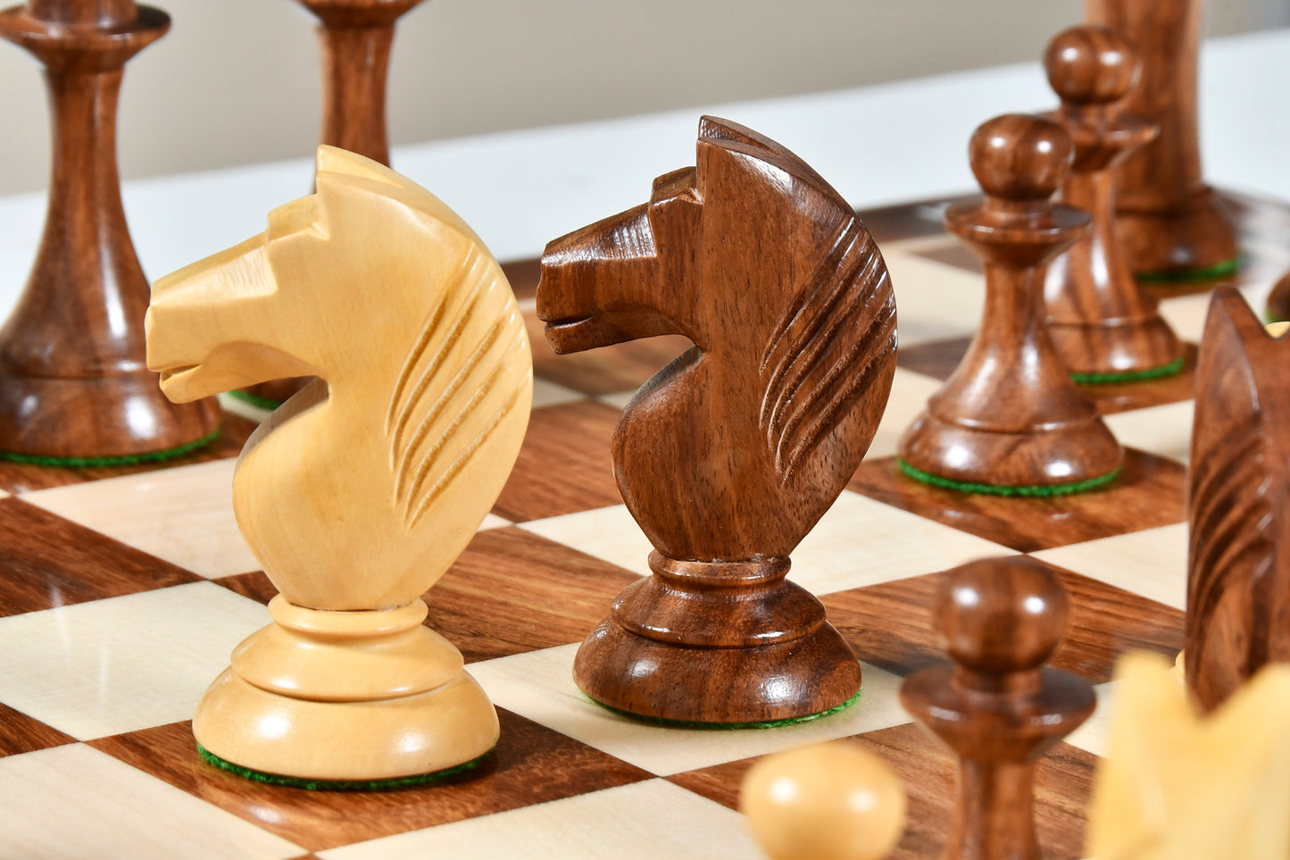 The 1950s Soviet (Russian) Latvian Reproduced Chess Pieces in Sheesham & Natural Boxwood - 4.1" King