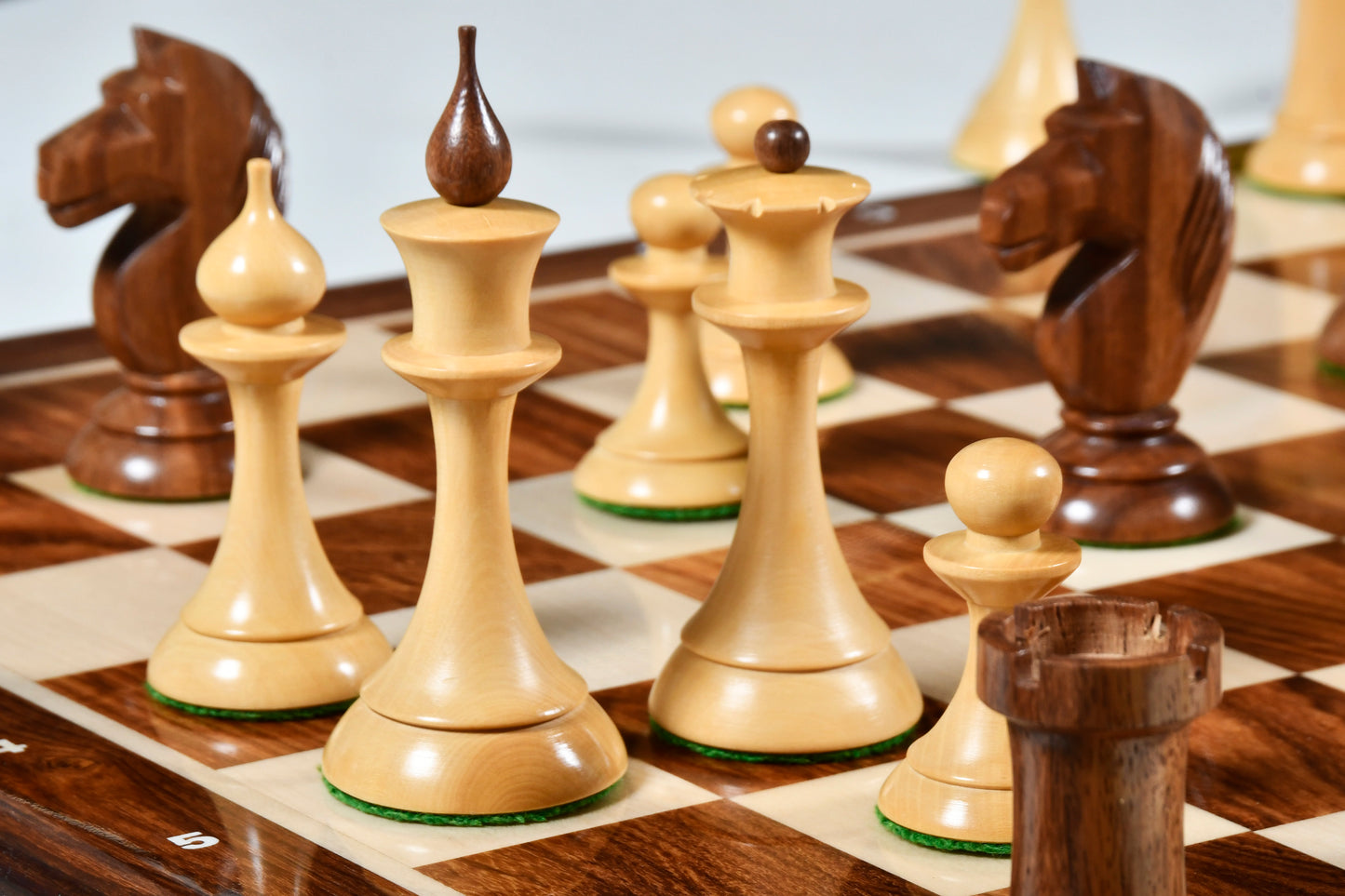The 1950s Soviet (Russian) Latvian Reproduced Chess Pieces in Sheesham & Natural Boxwood - 4.1" King