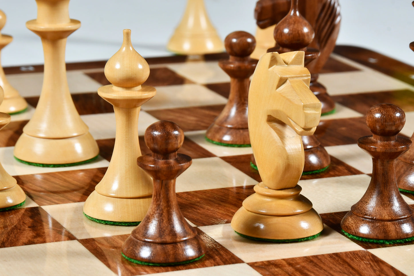 The 1950s Soviet (Russian) Latvian Reproduced Chess Pieces in Sheesham & Natural Boxwood - 4.1" King