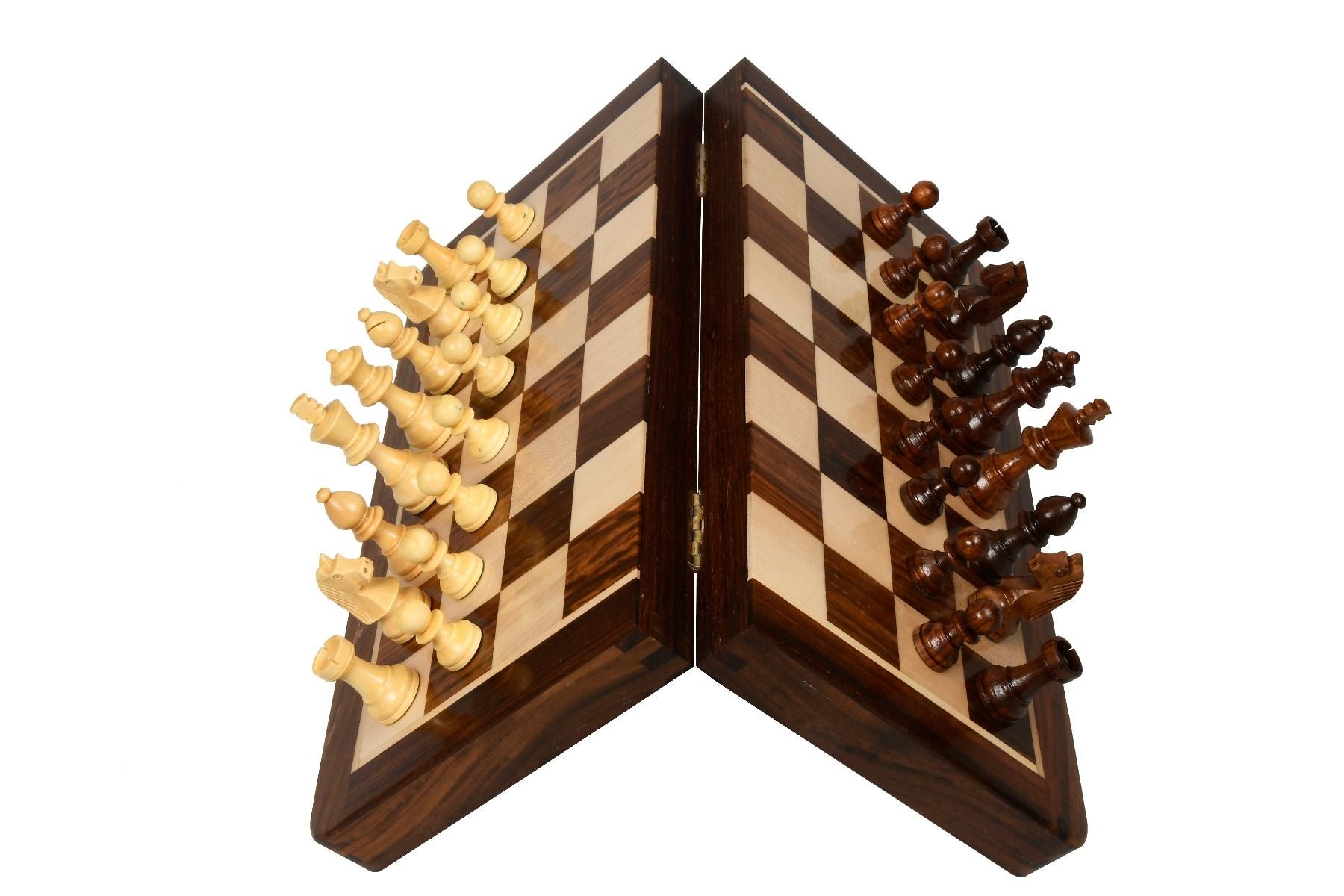 Travel Series Folding Magnetic Lacquer Chess Set In Sheesham & Maple - 14