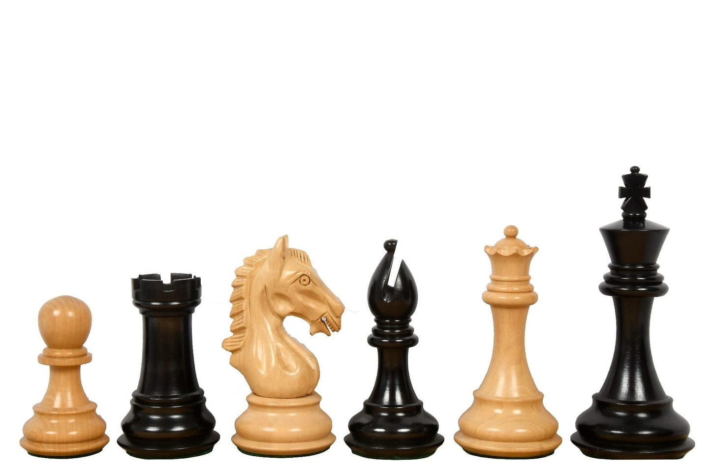 Derby Knight Chessmen in Ebonized Wood- 4.1" King with 21" Notation Board