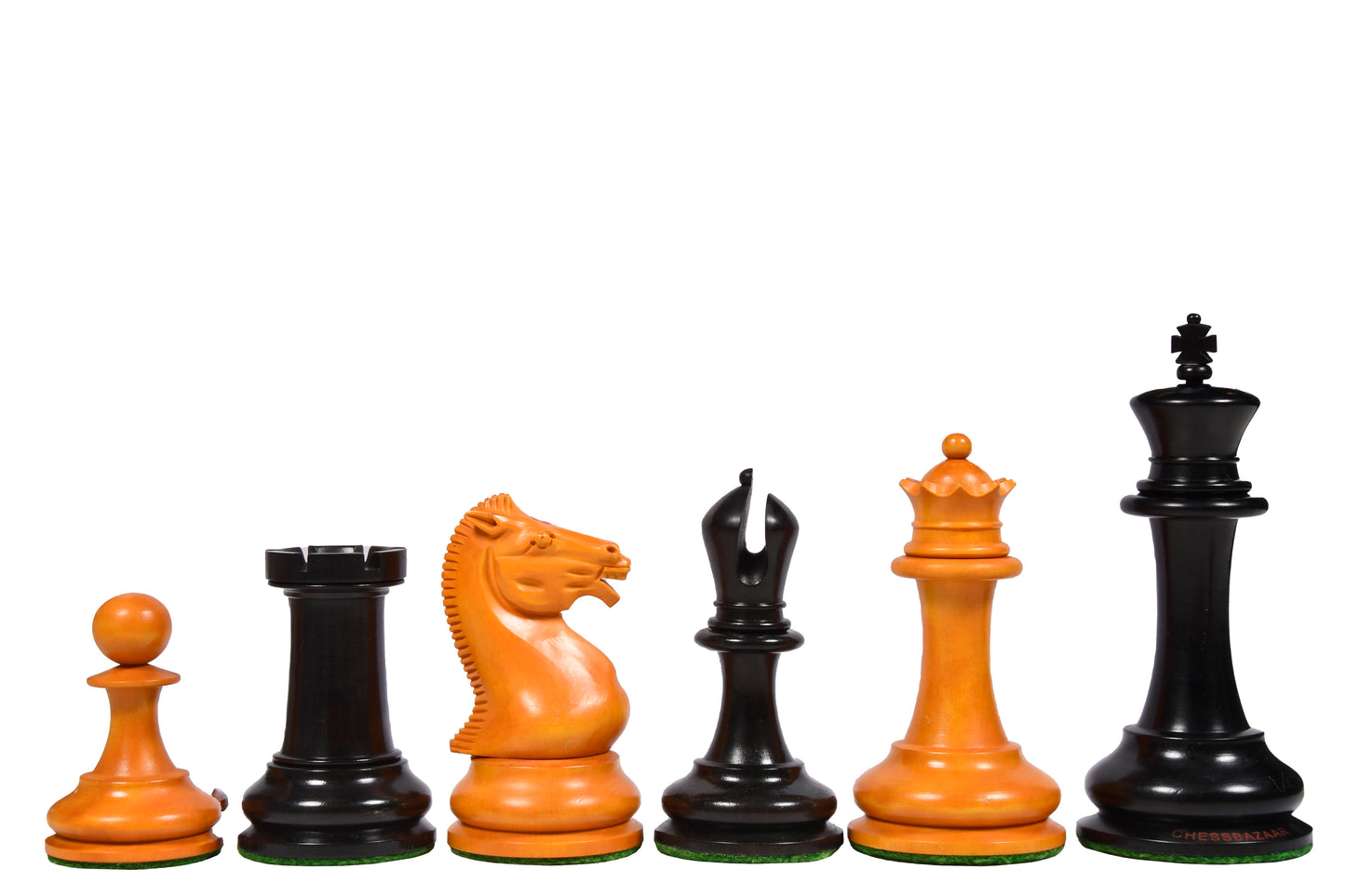 Reproduced Circa 1852 Harrwitz Staunton Pattern Chess Pieces in Ebony / Antiqued Box Wood with King Side Stamping - 4.5" King