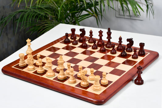 Combo Of Special Edition Reproduced Vintage 1950's Circa Bohemia Staunton Series German Chess Pieces in Bud Rosewood and Boxwood - 3.89" King with Chessboard
