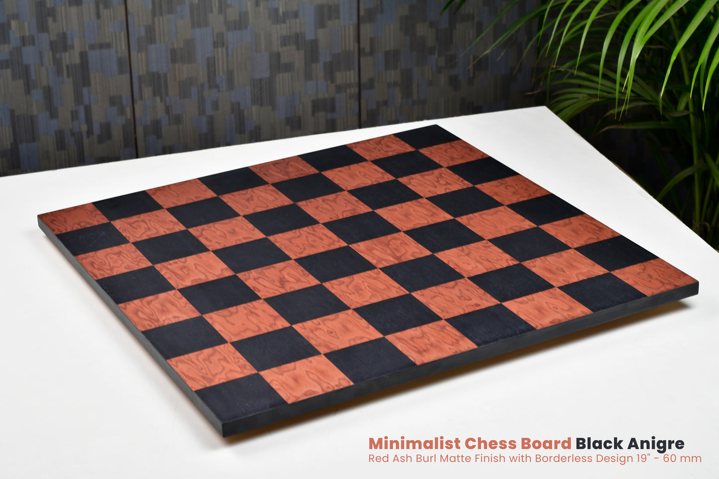 Minimalist Chess Board Black Anigre Red Ash Burl Matte Finish with Borderless Design 19" - 60 mm