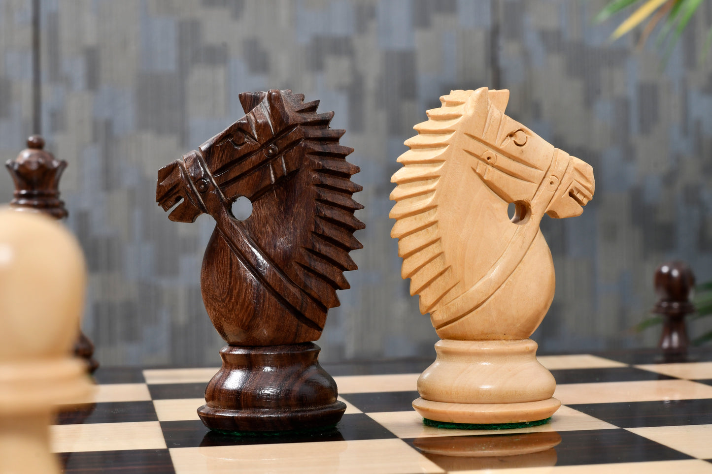 Bridle Knight Chess Pieces in Indian Rosewood/Box Wood with Board - 4.1" King