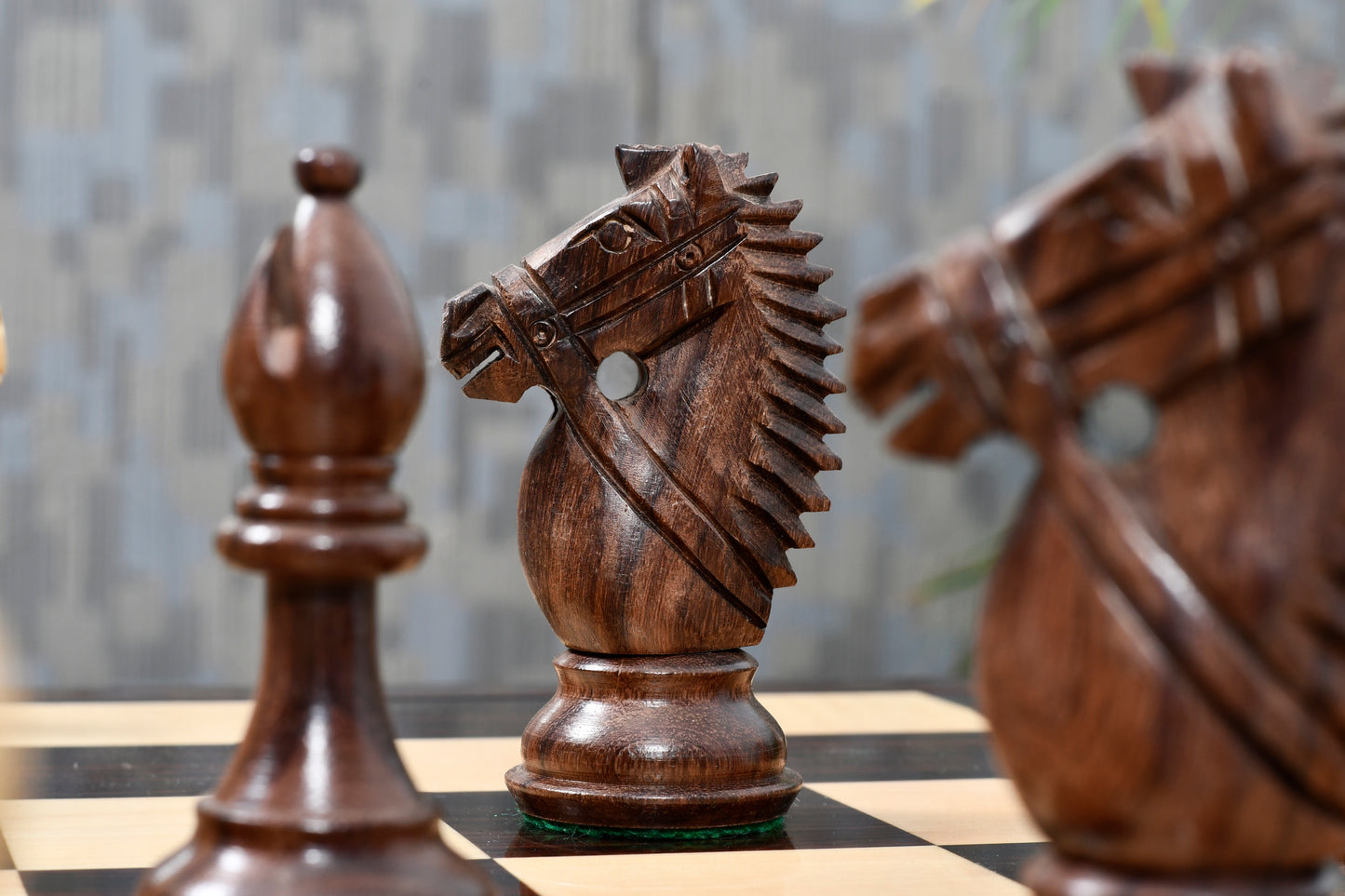 Bridle Knight Chess Pieces in Indian Rosewood/Box Wood with Board - 4.1" King