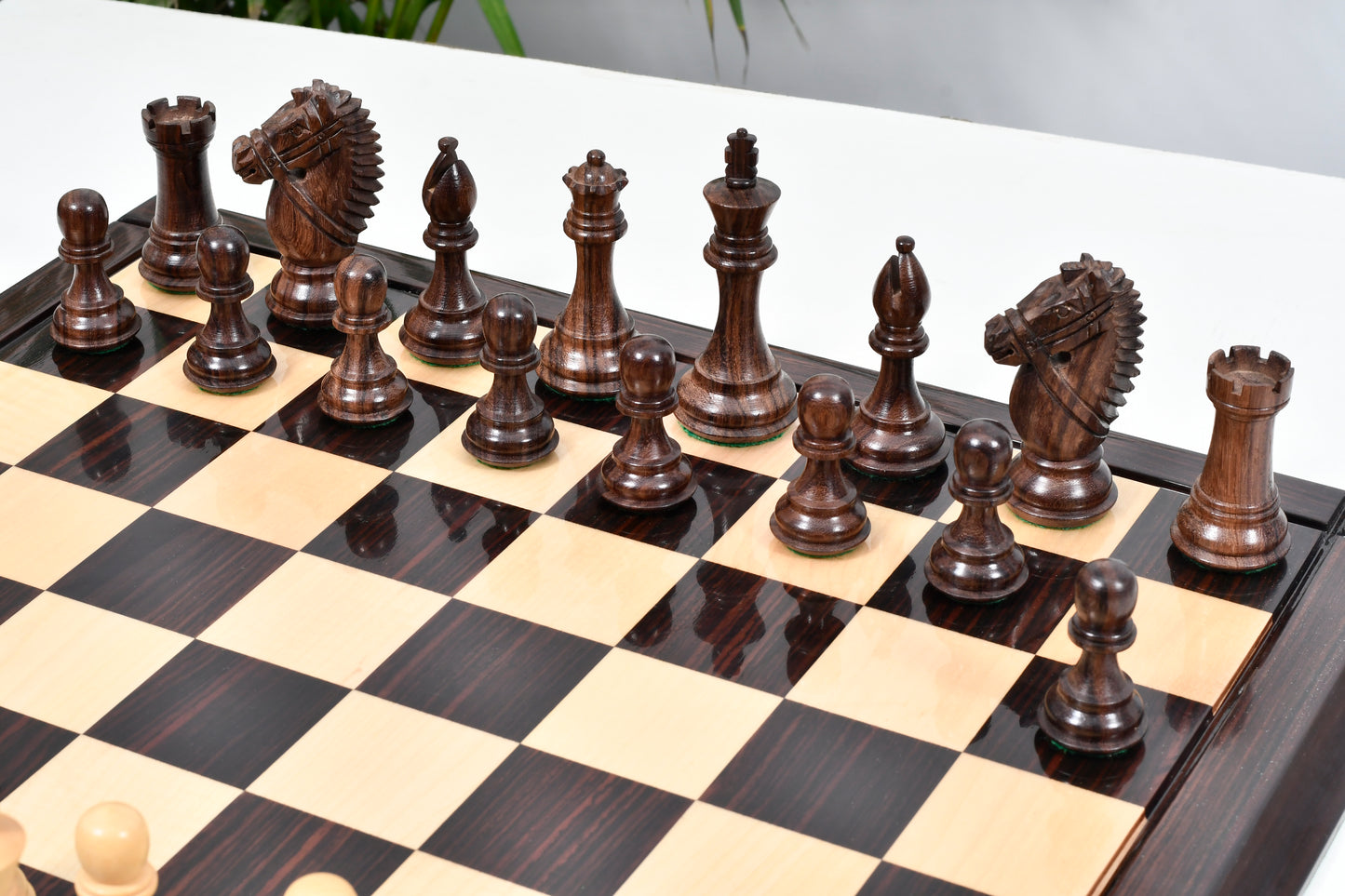 Bridle Knight Chess Pieces in Indian Rosewood/Box Wood with Board - 4.1" King