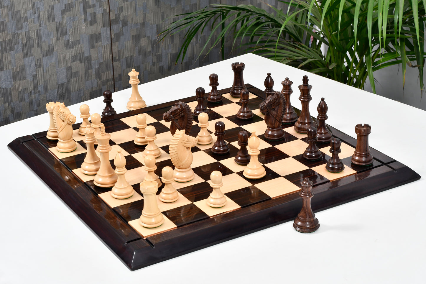 Bridle Knight Chess Pieces in Indian Rosewood/Box Wood with Board - 4.1" King