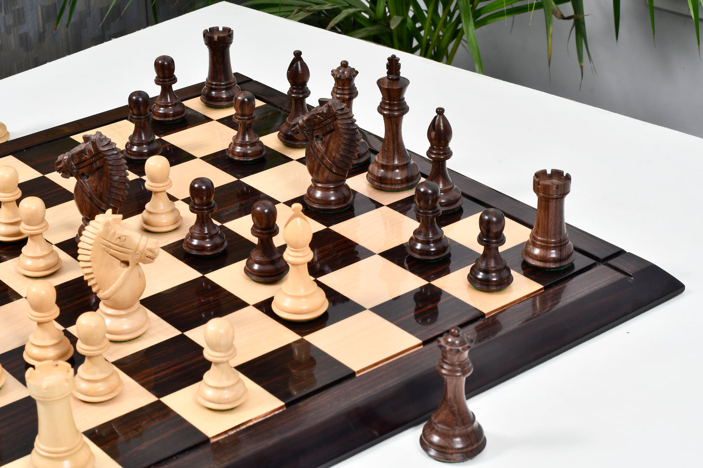Bridle Knight Chess Pieces in Indian Rosewood/Box Wood with Board - 4.1" King