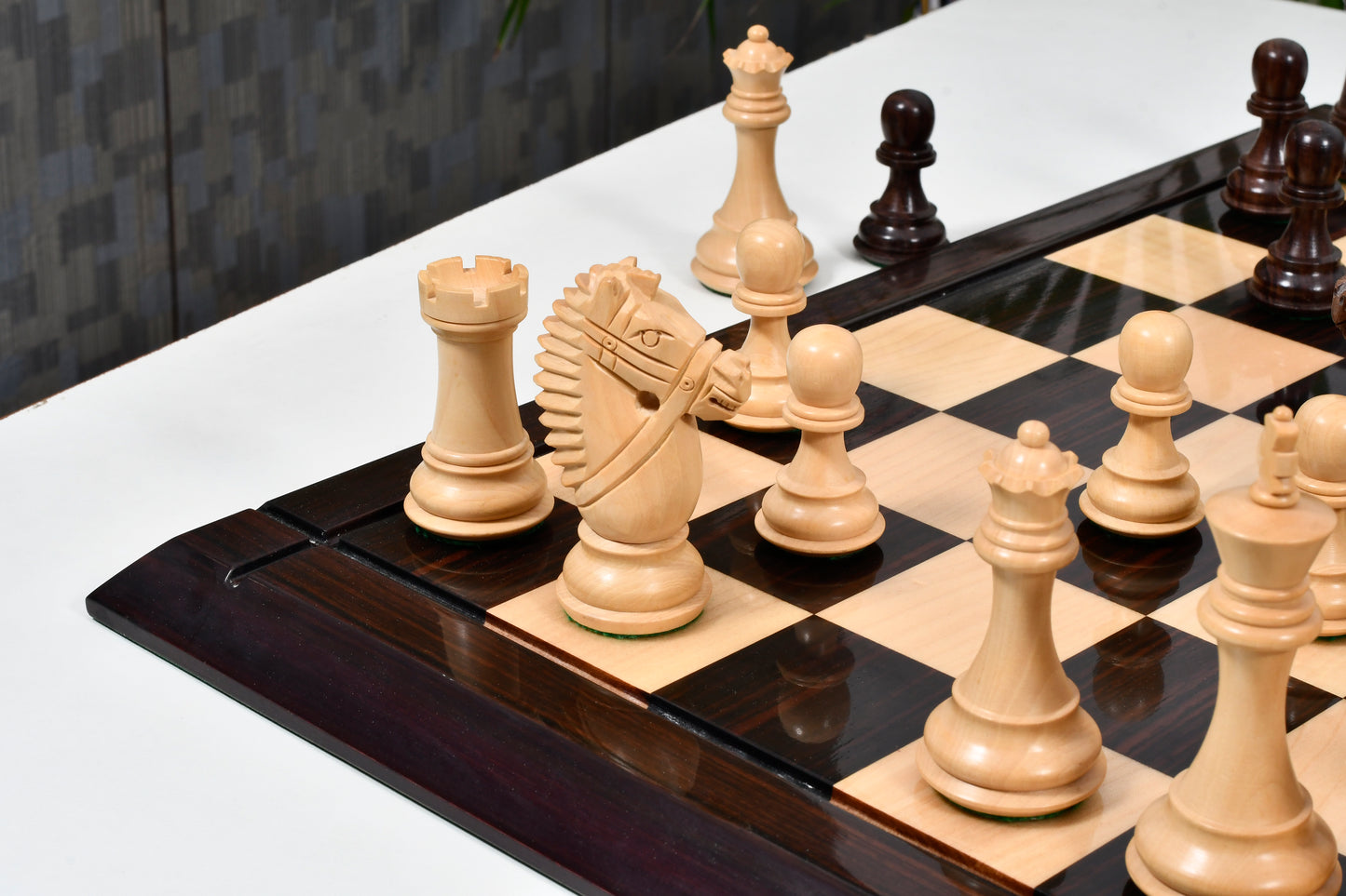 Bridle Knight Chess Pieces in Indian Rosewood/Box Wood with Board - 4.1" King